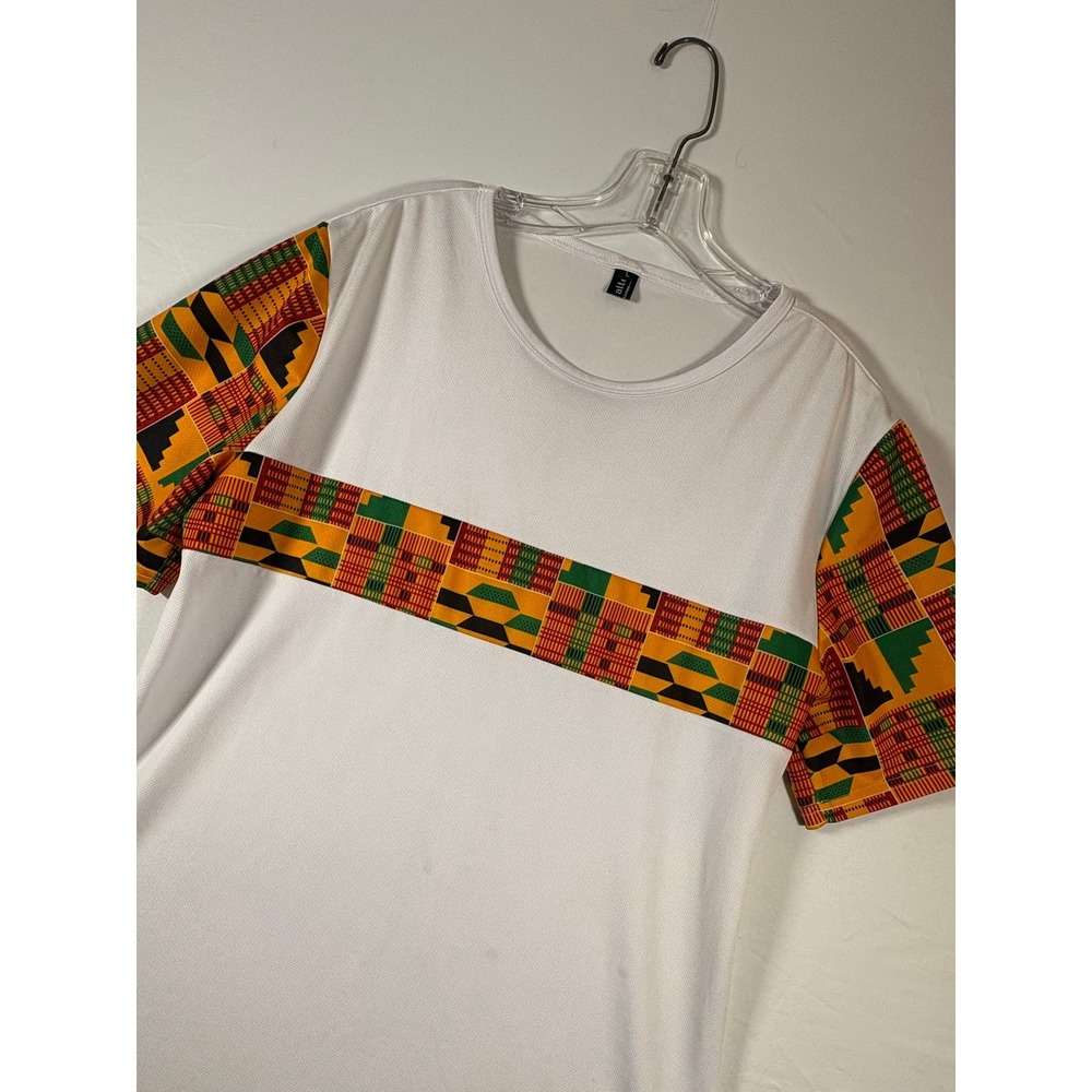Luc Matton Design Mens White Kente Print Mesh Short Sleeve T-Shirt Size Large